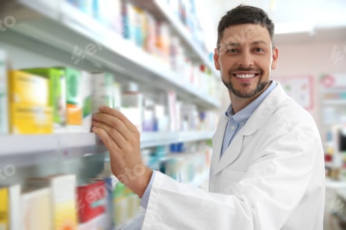Preview: Professional pharmacist near shelves with merchandise in drugstore