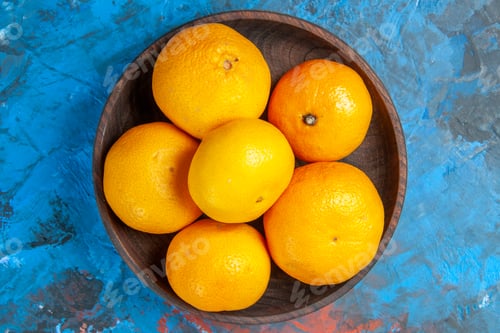Preview: top view fresh tangerines inside plate on a blue background tree color citrus fruit photo juice ripe