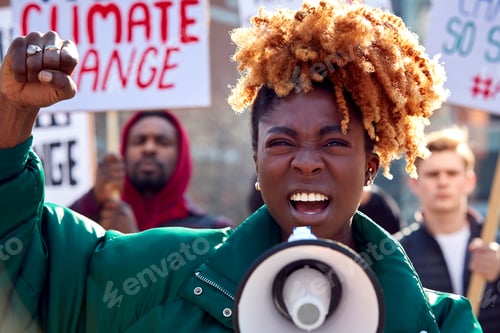 Preview: Group Of Protestors With Placards And Megaphone On Demonstration March Against Climate Chane