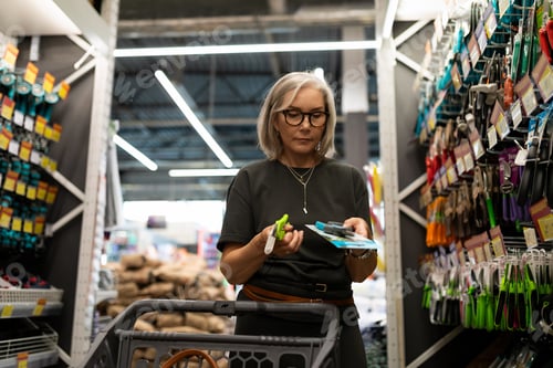 Preview: Senior woman shopping for garden tools in a retail store with a cart during daylight hours