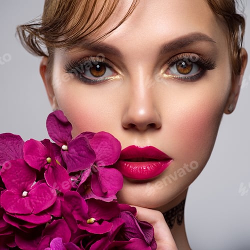 Preview: Beautiful white girl with purple flowers. Stunning brunette girl with big violet bouquet flowers.