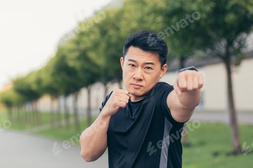 Preview: Male asian athlete demonstrates boxing rack during morning jogging and fitness