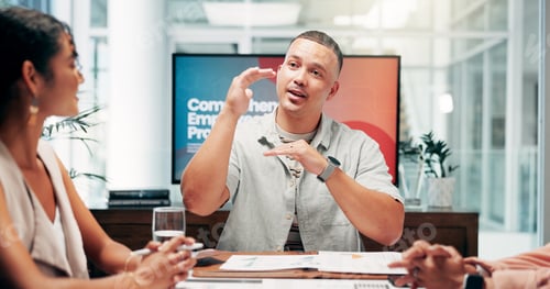 Preview: Office, people and businessman with discussion in workshop, employees wellness and health program.