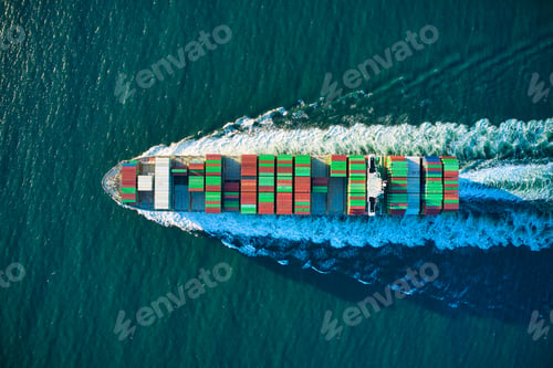 Preview: Aerial shot of an industrial ship sailing in the turquoise ocean