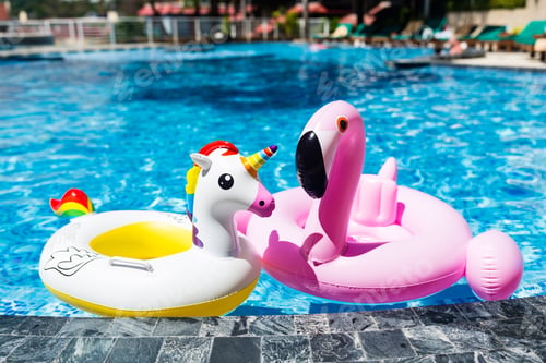 Preview: Inflatable pink flamingo and white unicorn in swimming pool in resort hotel at hot summer day
