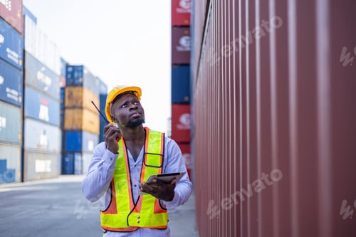Preview: Black engineer in warehouse inspecting goods at industrial container yard