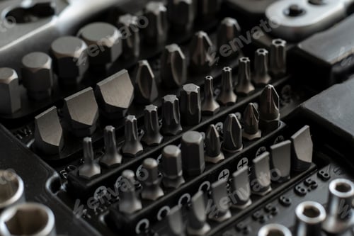 Preview: a macro view of the toolbox with kit of screwdrivers, manual steel tools