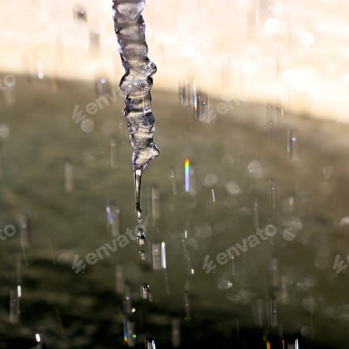 Preview: Icicles And Water Dripping - Photograph Of Icicles With Water Dripping From Edges And Reflections