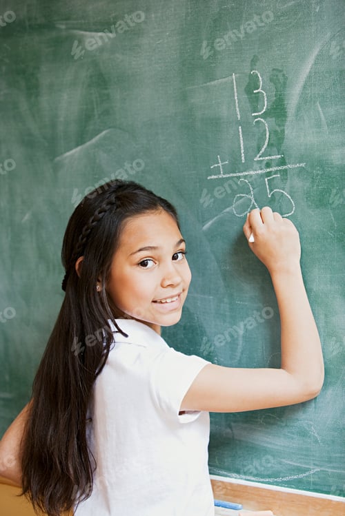 Preview: Girl writing a sum on a blackboard
