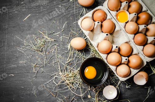 Preview: Fresh chicken eggs on dark background.