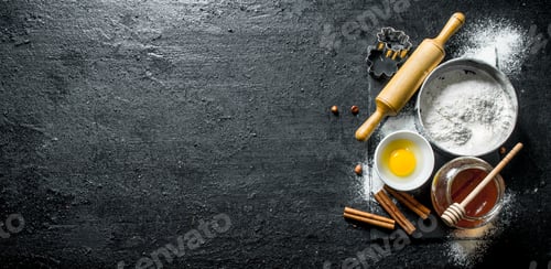 Preview: Baking background. Flour with honey, cinnamon and egg.
