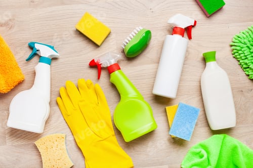 Preview: cleaning products household chemicals spray brush sponge glove