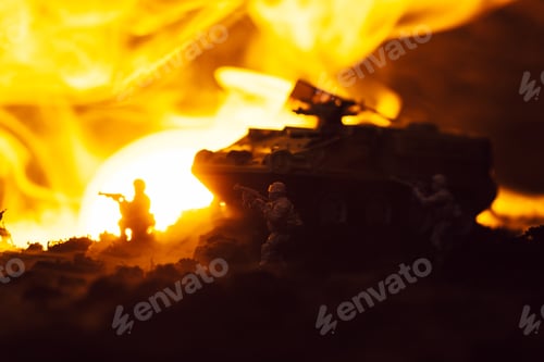Preview: Toy soldiers with tank, fire and sunset on black background, battle scene