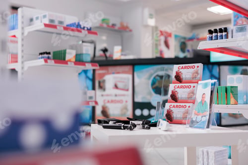 Preview: Cardiology drugs pacakages standing on table in empty drugstore