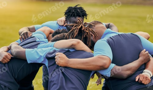 Preview: Diversity, team and men huddle in sports for support, motivation or goals outdoors. Man sport group