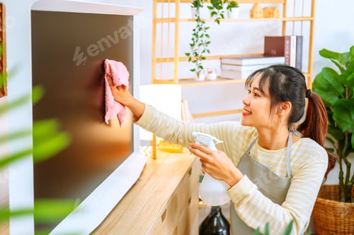 Preview: Asian woman spray bottle clean and sparkling at Home, housekeeping concept