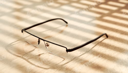 Preview: Glasses In Black Frame On Wooden Background, Table. The View From The Top.