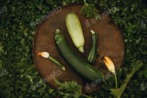 Vista previa: Zucchini, different in color and shape, on dish against the background of green grass