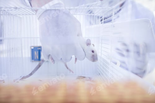 Preview: Laboratory worker lifting white rat from cage