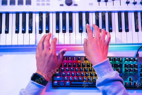 Preview: Close up sound producer hands working at studio