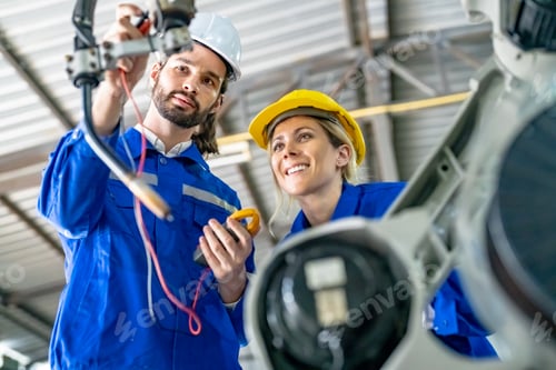 Preview: Engineer with robot in automotive parts factory