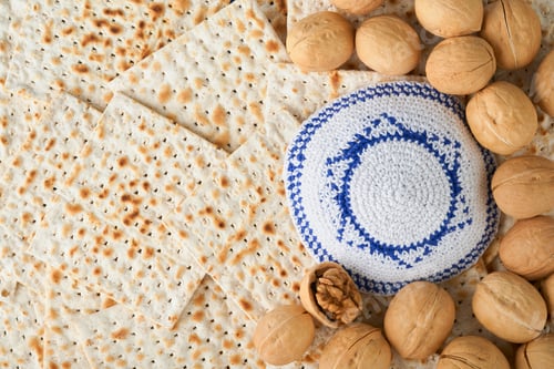 Preview: Passover celebration concept. White kippah with Star of David on Matzah texture background. Passover