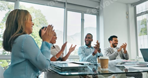 Preview: Meeting, applause and business people throwing paper in air, celebration of project success, achiev