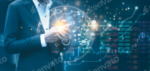 Preview: Business man using mobile phone with icon network connection, Digital online marketing and business