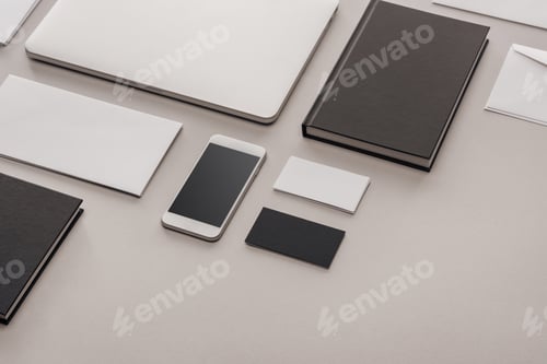 Preview: flat lay with gadgets and stationery on grey background