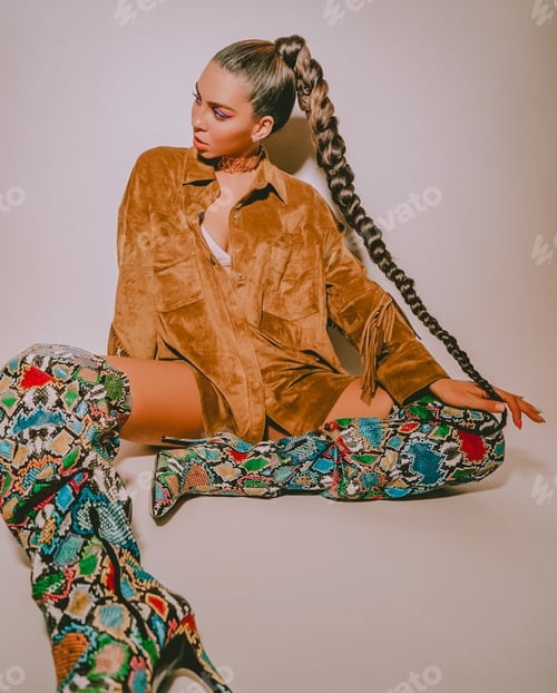 Preview: Woman in Brown Shirt and Patterned Over-the-Knee Boots