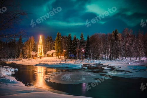 Preview: Northern Lights (aurora borealis) over Akaslompolo, a small town in Finnish Lapland, inside Arctic C