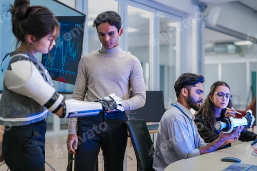 A robotics team develops a new bionic limb, inspecting the prototype