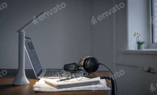 Preview: Workplace with headphones and laptop in the evening, copy space.