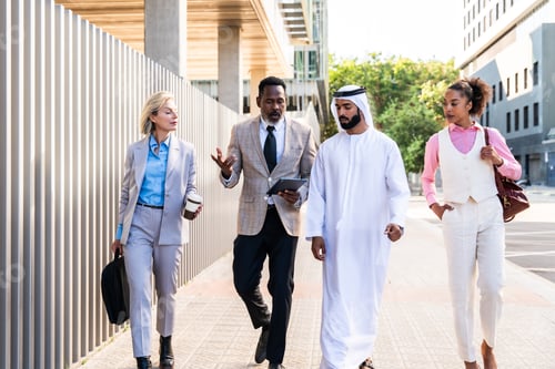 Preview: Group of multiethnic business people meeting an emirati businessman