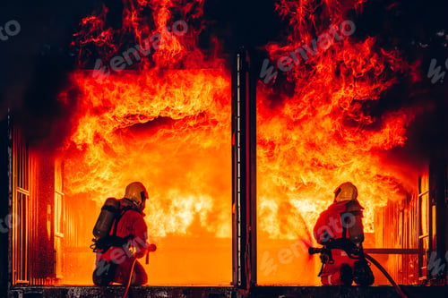 Preview: Fearless Firefighters Battling Blaze with Water and Extinguishers.