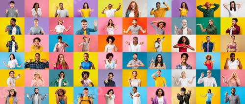 Preview: Glad excited millennial and mature international people gesticulate, laugh and show signs with hands