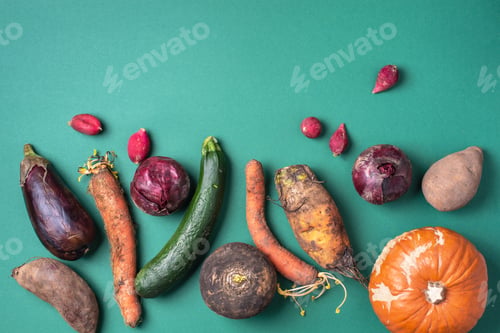 Preview: Trendy ugly organic vegetables. Assortment of fresh eggplant, onion, carrot, zucchini on green