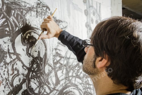 Preview: Painter artist working on a oil canvas