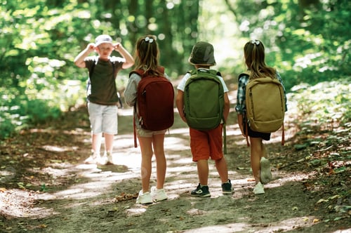 Preview: View from the back. Kids in forest at summer daytime together