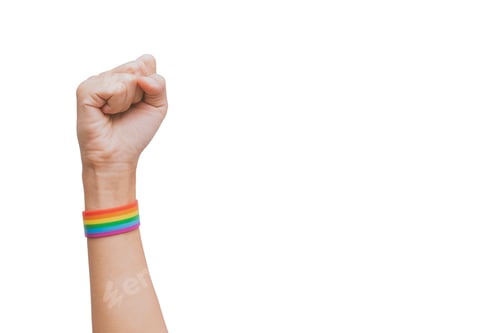 Preview: fist with a raised hand rainbow flag wristband on a white background.