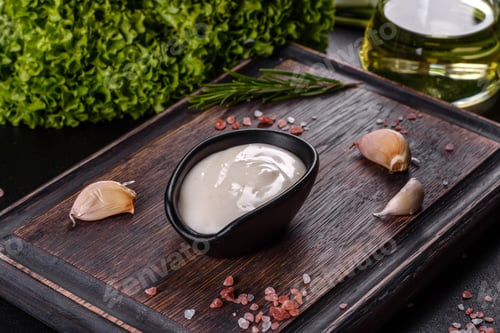 Preview: Garlic sauce in a ceramic black sauce with greenery on a wooden cutting board