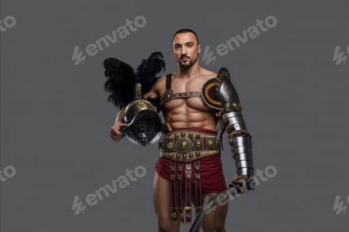 Preview: Gladiator with a stylish beard wears intricately designed lightweight armor