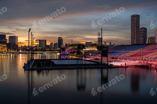 Preview: Landscape view of Singapore business district and city at twilight.