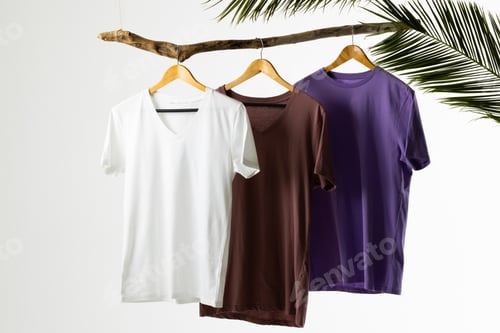 Preview: Coloured tshirts displayed on branch and copy space on white background