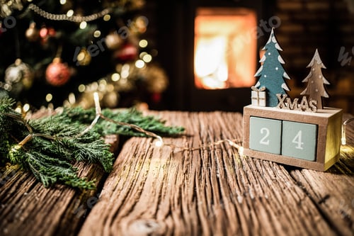 Preview: christmas decorations on wooden background fireplace