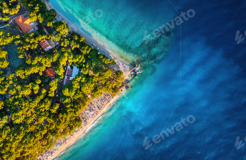 Preview: Croatia. Aerial view on beach and people. Vacation and relax. Beach and blue water.