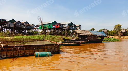 Preview: Kampong Phluk village during drought season. Life, work of residents of Cambodian village on water