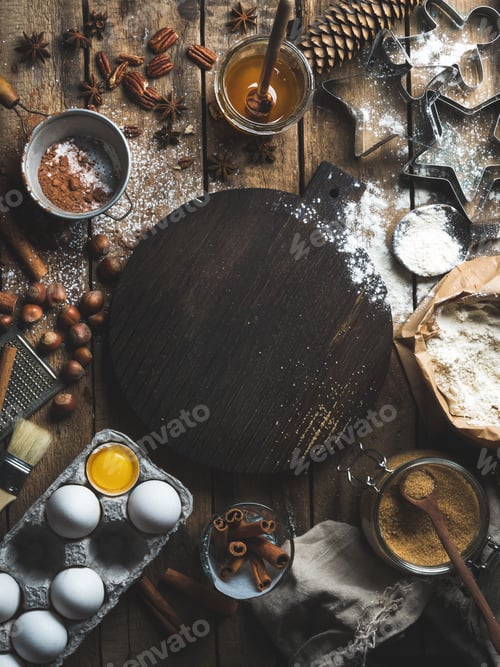 Preview: Christmas holiday cooking and baking ingredients with board in center