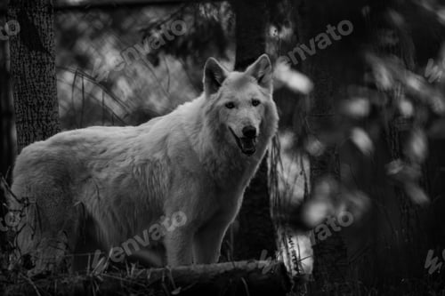 Preview: Wild wolf in forest, gazing ahead by trees