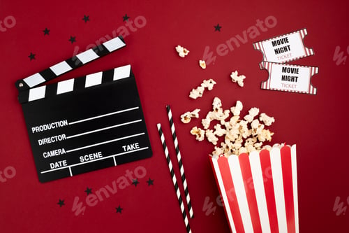Preview: Movie clapperboard and cinema tickets. Home movie night, party invitation